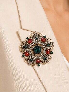 Vintage Red & Emerald Crystal Brooch | Antique Gold Floral Statement Pin |